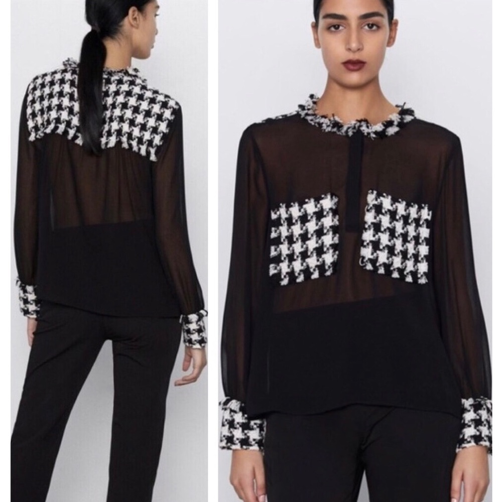Zara Sheer Houndstooth Tweed Combination Long Sleeves Black White Blouse size S